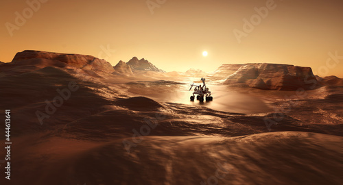 A rover on the surface of mars looking for signs of life. Science and exploration 3D illustration.