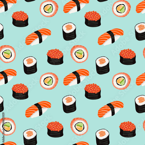 seamless pattern japanese traditional food, rolls, sushi and nigiri. cartoon style on blue background