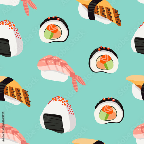 seamless pattern of sushi bar, rolls, sushi and nigiri. Japanese restaurant national food, cartoon style
