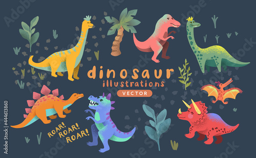 A collection of cute colorful prehistoric dinosaur characters. Vector illustration