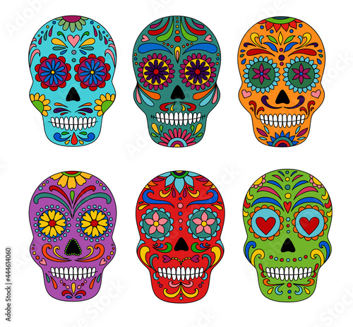 Day of the Dead  skulls. Dia de los muertos. Day of the dead and  mexican Halloween. Mexican tradition  festival. Day of the dead sugar skull isolated. Dia de los Muertos tattoo skulls set.