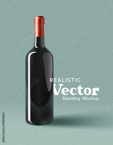A realistic glass bottle of red wine branding mock up. Contemporary marketing template Vector illustration