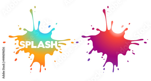 Modern gradient splashes shapes with drops and blots. Isolated on white transparent background. Eps10 vector illustration.