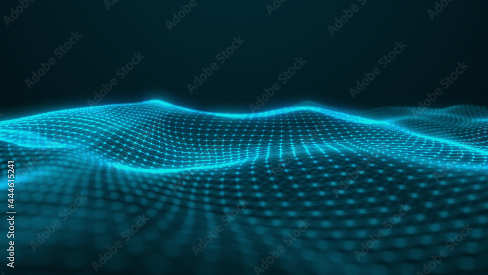 Fototapeta premium Abstract flowing smooth Plexus fractal waves background. Grid, mesh of dots and lines.