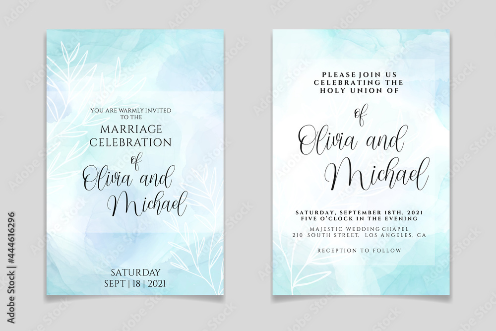 Wedding invitation template on pastel cyan liquid marble watercolor background with white branches and frame. Teal mint marbled alcohol ink drawing effect. Vector illustration of romantic card design