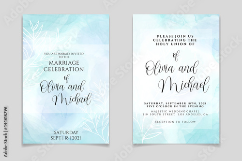 Wedding invitation template on pastel cyan liquid marble watercolor background with white branches and frame. Teal mint marbled alcohol ink drawing effect. Vector illustration of romantic card design