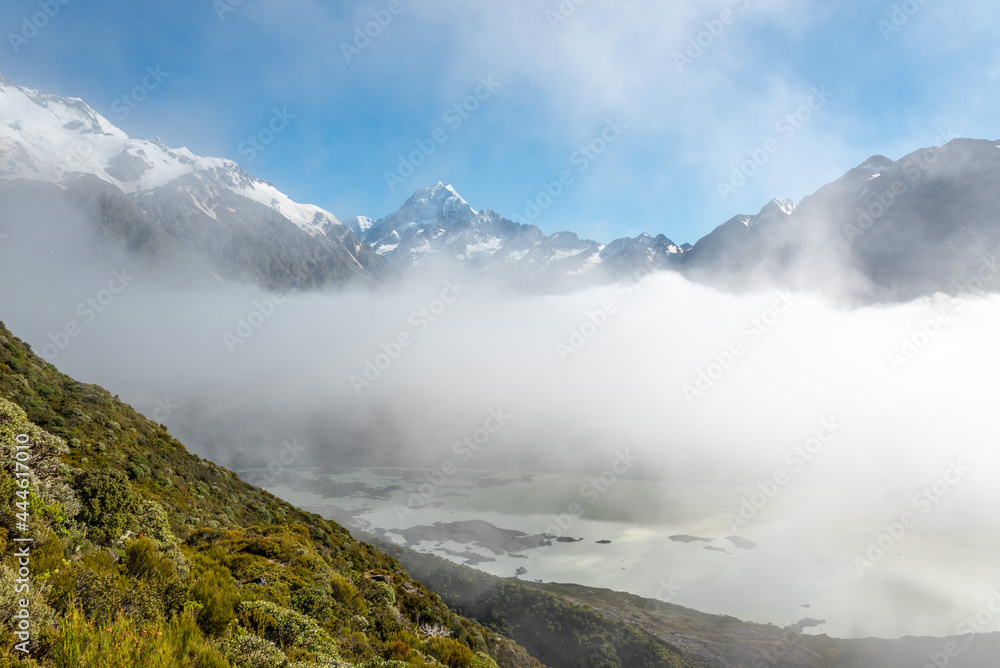Cloudy view to the Mount Aoraki from Mueller Hut Route, Mount Aoraki National Park in New Zealand