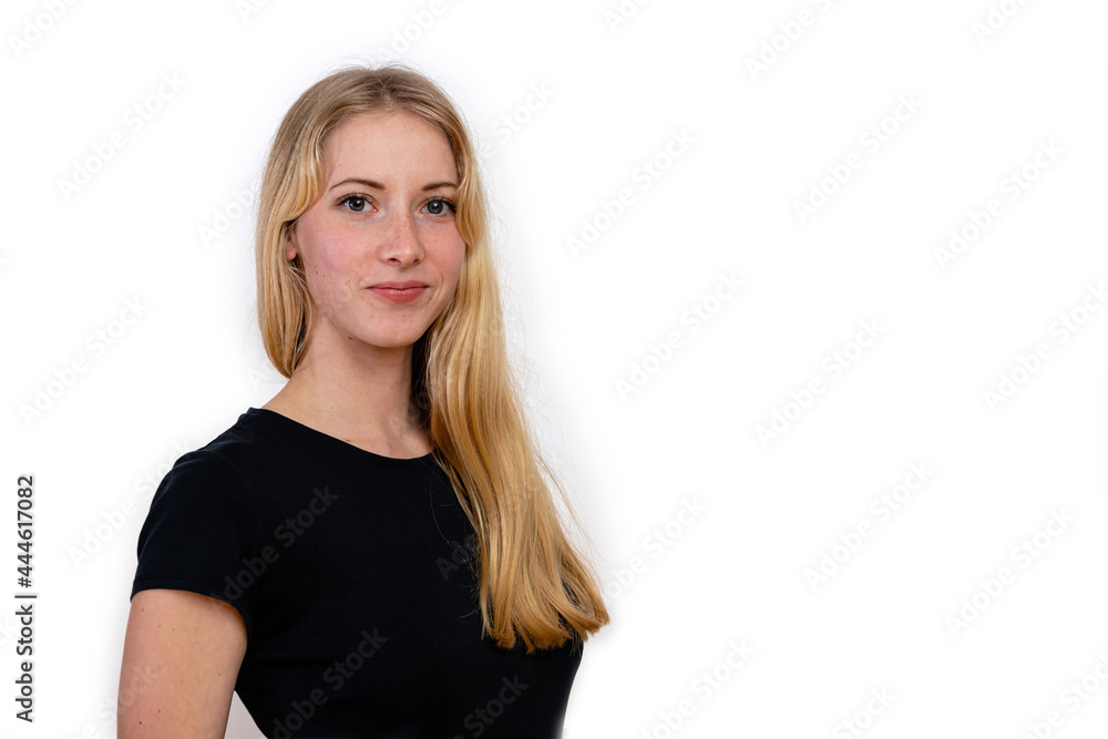 portrait of a young blonde female isolated on a white background portrait of a young blonde female isolated on a white background