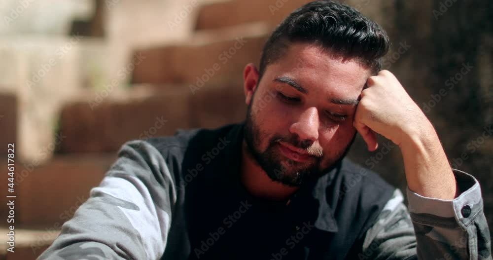 Pensive hispanic man. thoughtful south american person pondering solution Pensive hispanic man. thoughtful south american person pondering solution