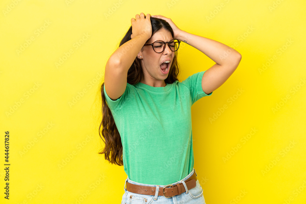 Young caucasian woman isolated on yellow background stressed overwhelmed Young caucasian woman isolated on yellow background stressed overwhelmed