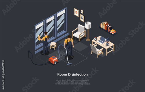 Vector Illustration In Cartoon 3D Style. Isometric Composition On Dark Background With Text. Room Disinfection, Apartment Cleaning Service Concept. People In Uniform Cleansing Space. Home Interior.