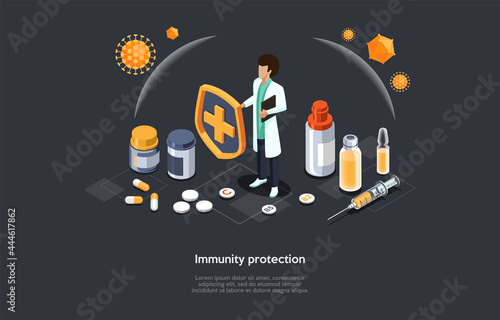 Immunity Protection Conceptual Illustration. Isometric Vector Composition With Characters And Objects, Cartoon 3D Style. Medical Worker In White Robe, Many Medicines In Jars And Ampoules Lying Around.