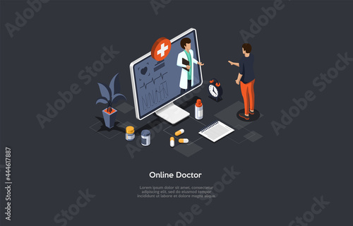 Online Doctor Appointment, Internet Consultation, Remote Medical Help Conceptual Illustration. Isometric Vector Composition With Characters And Objects, Cartoon 3D Style. Patient, Physician On Screen.