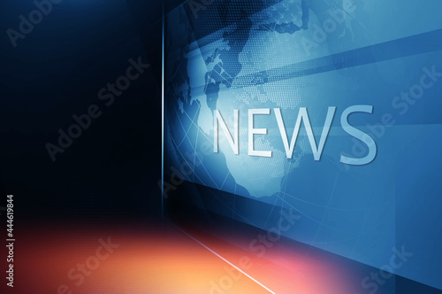 3d Illustration of an earth globe inside a big flat TV screen with News text, dark blueish theme