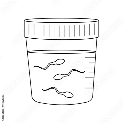Semen analysis outline icon. Sperm sample in plastic container. Male fertility test. Sperm donation concept. Editable stroke. Vector linear illustration.