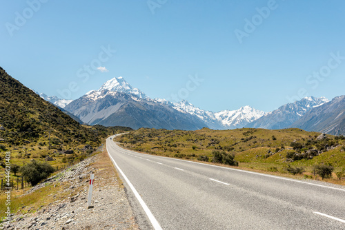 Scenic view of Southern Alps from the entrance to Aoraki National Park, New Zealand