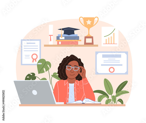 Successful smiling black woman portrait with laptop diploma trophy, graduation cap. Flat happy young African girl works on notebook in office. Professional career education concept vector illustration