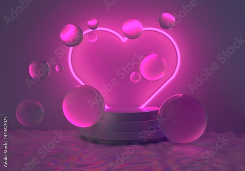 Retrowave style background with floating glass spheres and heart-shaped neon sign. 3D illustration.