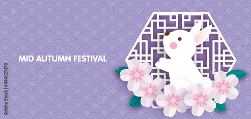 Mid Autumn Festival banner with cute rabbits in paper cut style.