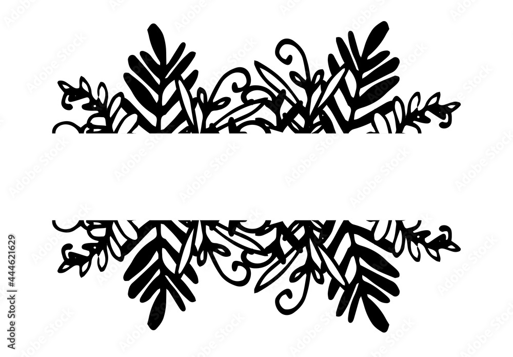 Fototapeta premium vector set of horizontal pattern of branches with plant leaves. A hand-drawn set of isolated horizontal borders doodles twigs with leaves and curls in black on a white background for a design template