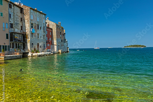 view to adriatic sea and old town hióuses in Rovinj in Croatia