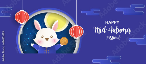 Mid autumn festival banner with cute rabbits and the moon  in paper cut style