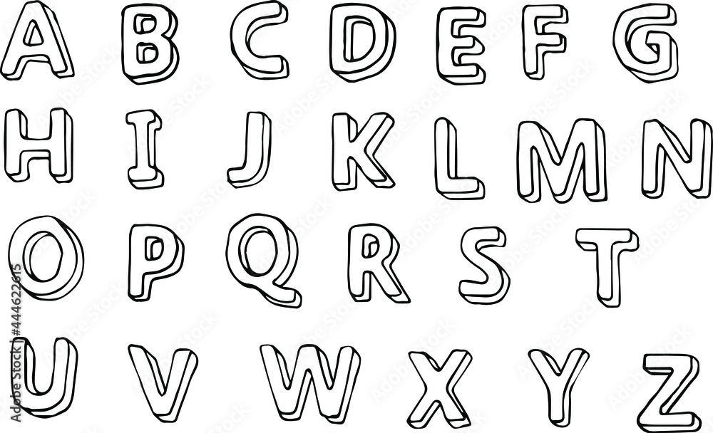 Obraz premium Hand-drawn alphabet in childish style with volume 3d letters in black contour on white background. Vector illustration