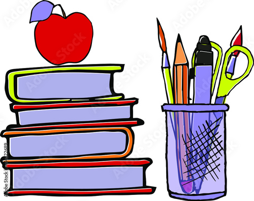 Composition with pencil pot, books, and apple. Vector illustration in simple flat style. Colorful sketch loco and icon design. 