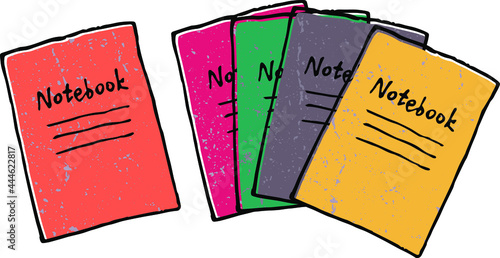 Set of thin student notebooks in different colors. In simple childish hand-drawn style. Icon or logo design