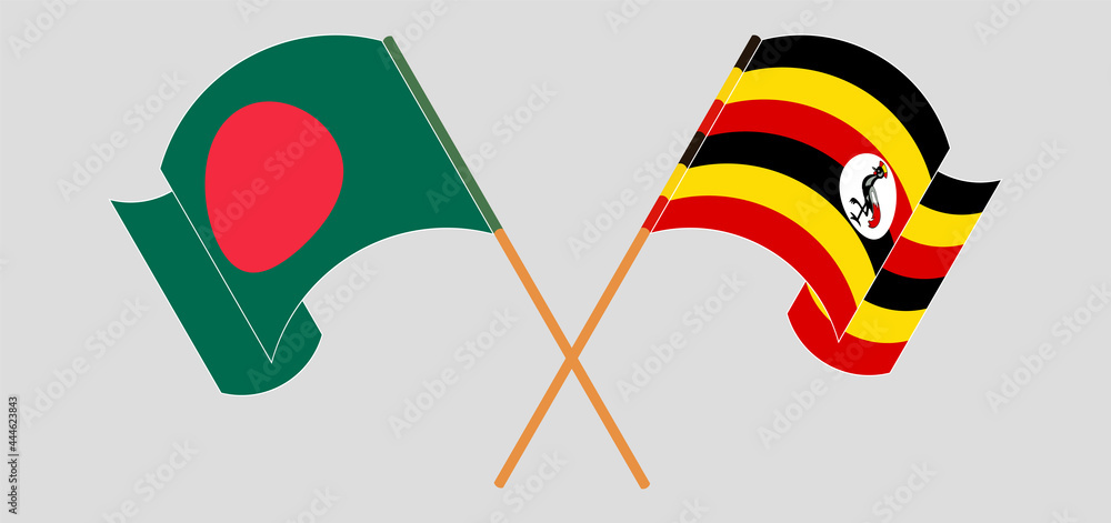 Crossed and waving flags of Bangladesh and Uganda Crossed and waving flags of Bangladesh and Uganda
