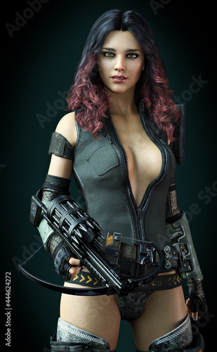 Fotografia Portrait of a sexy battle born female soldier with long red and black hair ,automatic crossbow weapon and a gradient background