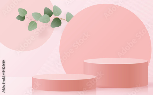 3d Background products for valentine’s day podium with Eucalyptus leaves in love platform. heart background vector 3d with cylinder. podium stand to show cosmetic product with craft style.