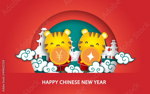 Chinese new year 2022 year of the tiger greeting card in paper cut style