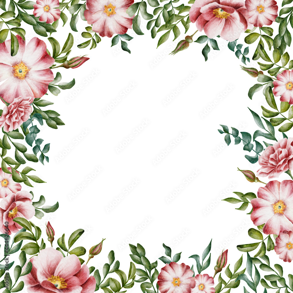 Digital watercolor flower wreath with red wild poppies, poppy buds, and green leaves on the blue background. Hand-drawn illustration for wedding and other celebration invitations.