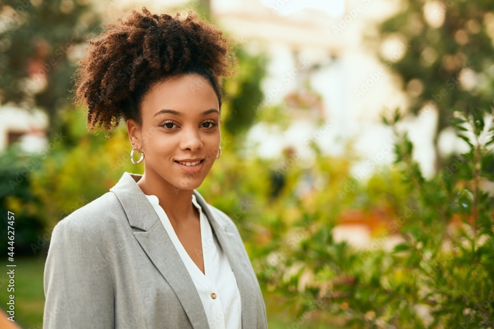 Young african american businesswoman smiling happy standing at the park. Young african american businesswoman smiling happy standing at the park.