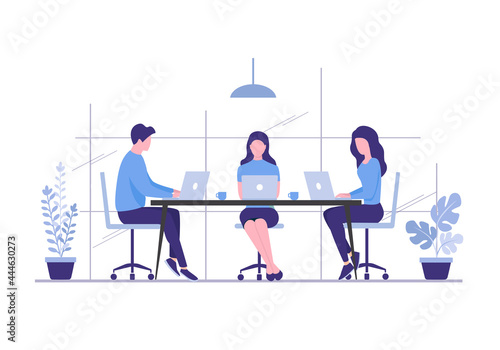 Office people teamwork coworking. Communication and brainstorming. Colored flat vector illustration. Isolated on white background.