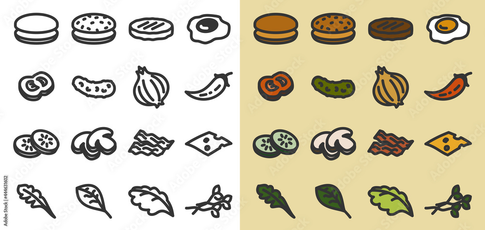 Burger ingredient vector icon set in minimalistic style. Monochrome and color versions included.