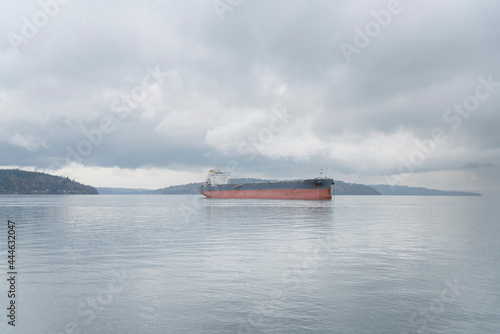 Empty container ship at Tacoma under a dark cloudy sky