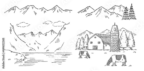 山の風景色々ペン画モノクロ