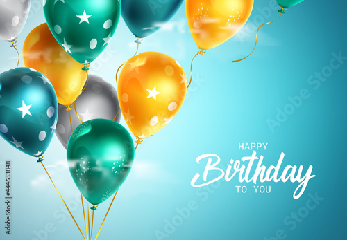 Birthday flying balloons vector design. Happy birthday to you greeting text with balloon bunch element floating in blue sky for birth day card decoration. Vector illustration
