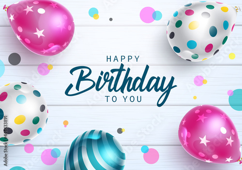 Happy birthday vector design. Happy birthday to you text with colorful balloons pattern element in circle dots and wooden background for celebrating birth day party decoration. Vector illustration
