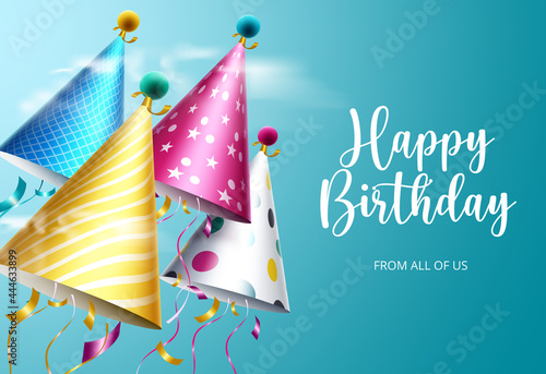 Birthday party hats vector design. Happy birthday text with colorful party hat celebrating element in blue sky background for kids birth day greeting card decoration. Vector illustration
