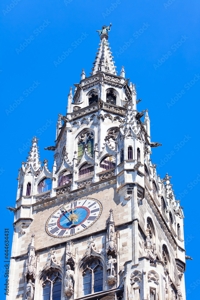 Spire with horology of Munich Rathaus , Bavaria Germany . Top of New Town Hall in Munich Spire with horology of Munich Rathaus , Bavaria Germany . Top of New Town Hall in Munich