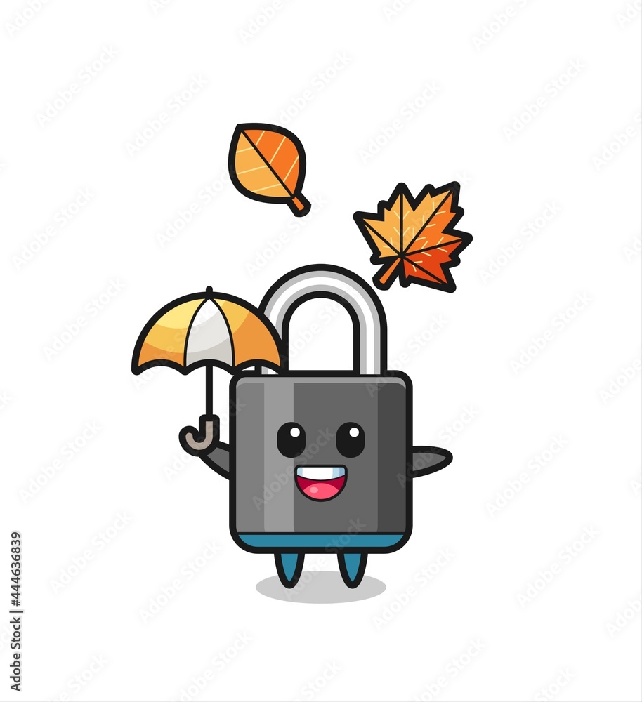 cartoon of the cute padlock holding an umbrella in autumn cartoon of the cute padlock holding an umbrella in autumn