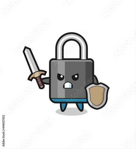 cute padlock soldier fighting with sword and shield