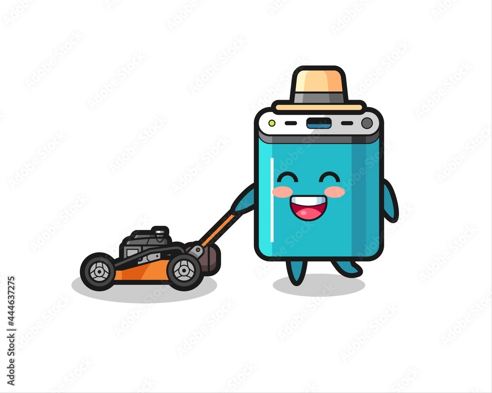 illustration of the power bank character using lawn mower illustration of the power bank character using lawn mower