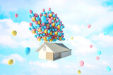 Balloon House Floating on Sky Background. 3D illustration, 3D rendering