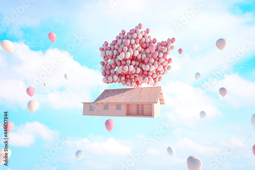 Balloon House Floating on Sky Background. 3D illustration, 3D rendering 