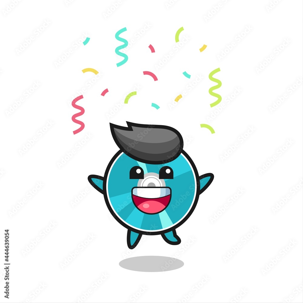 happy optical disc mascot jumping for congratulation with colour confetti happy optical disc mascot jumping for congratulation with colour confetti