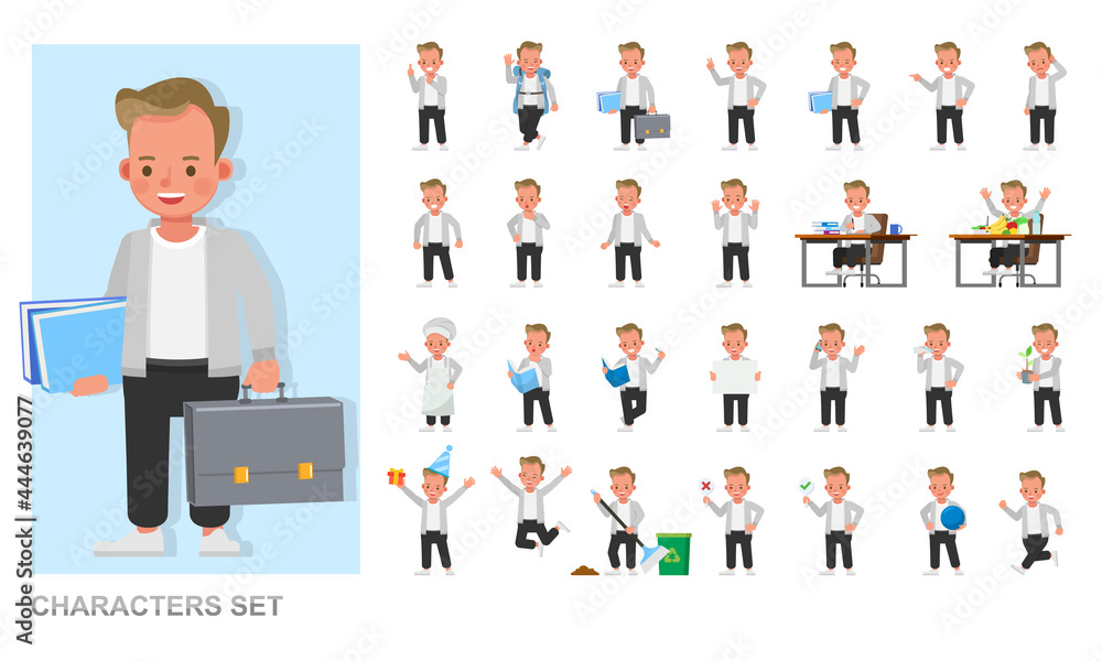 Set of children character vector design. Boy wear grey shirt. Presentation in various action with emotions, running, standing and walking.